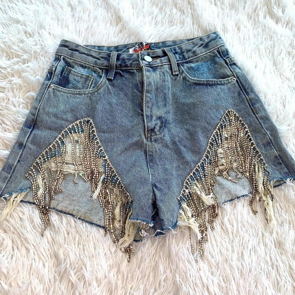 La’ ROS DISTRESSED SPARKLY JEAN SHORTS